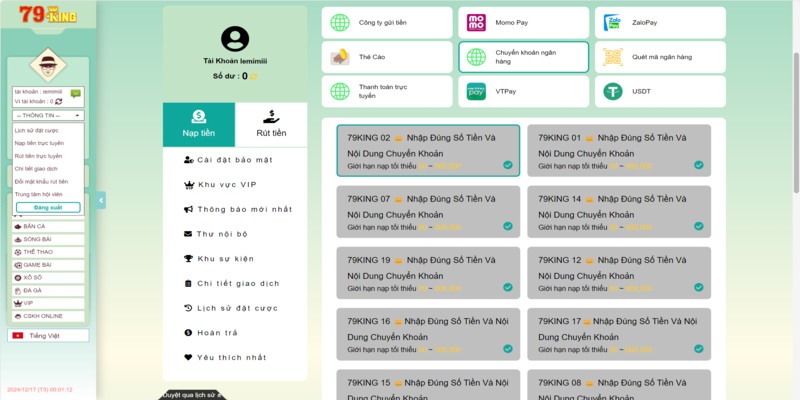 Điền nội dung để nạp tiền 79King qua ngân hàng