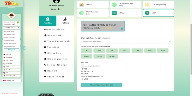 Nạp tiền 79King bằng USDT đơn giản nhất